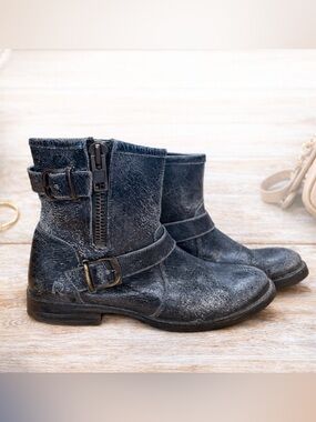 ROAN Distressed Leather Moto Boots Black Buckle Zip Ankle Boots Size 8